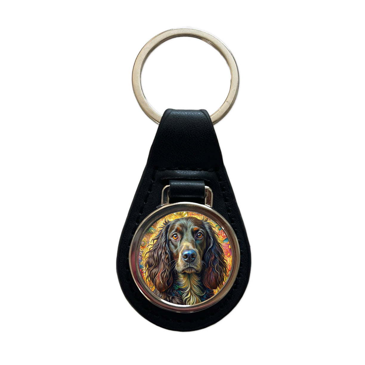 Boykin Spaniel Dog French Bohemian Art Black Leather Metal Keychain