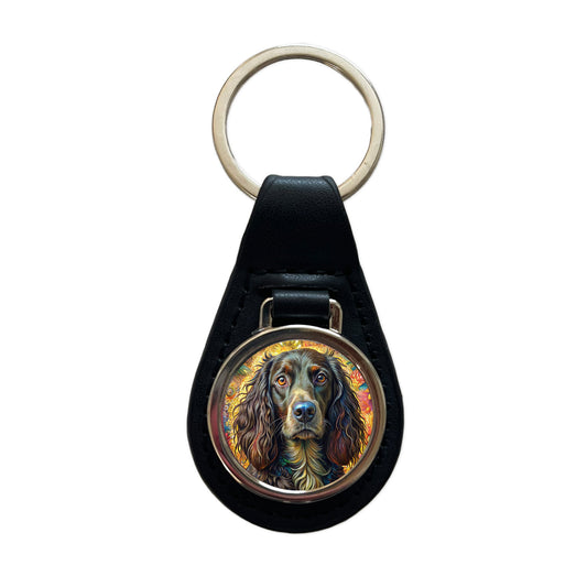 Boykin Spaniel Dog French Bohemian Art Black Leather Metal Keychain