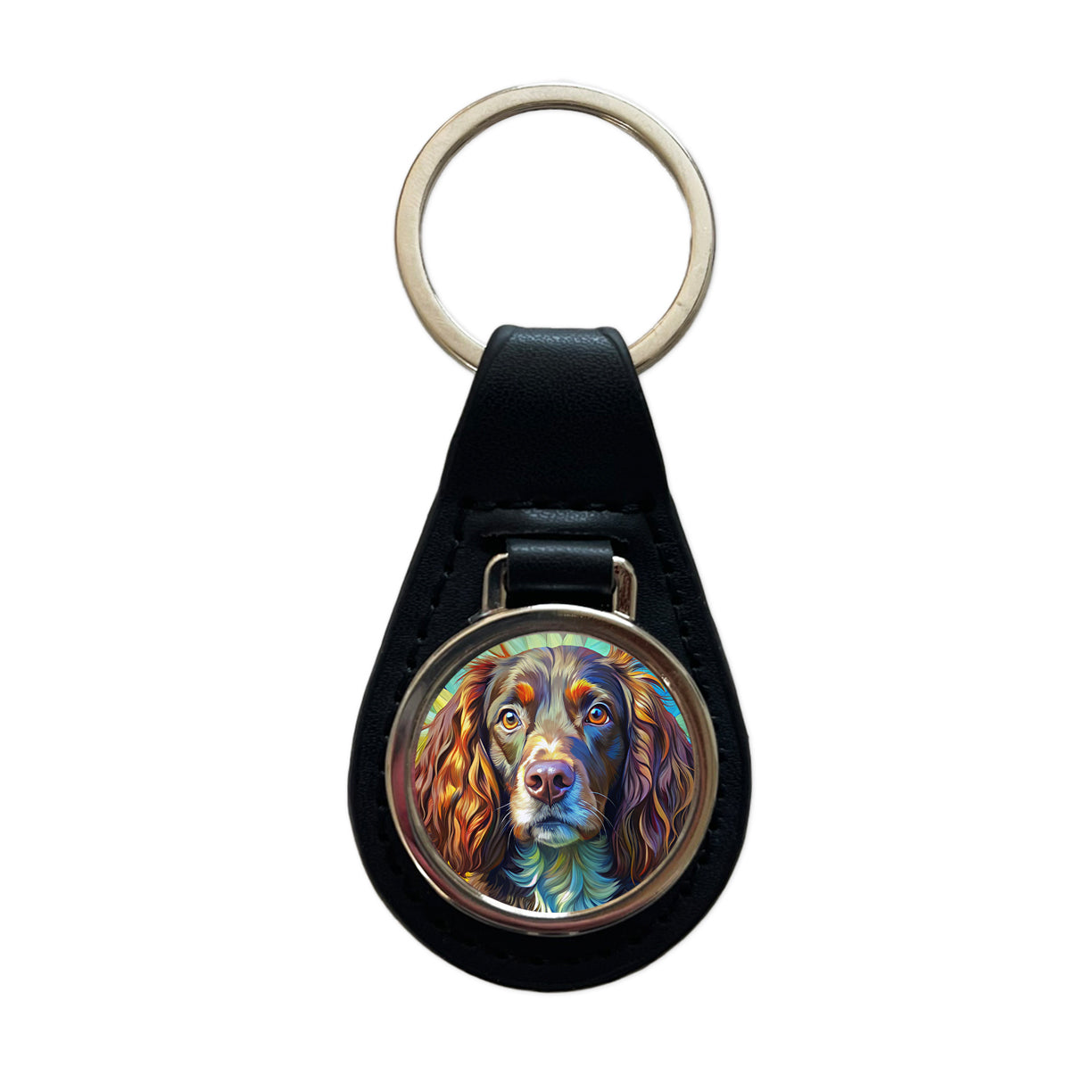 Boykin Spaniel Dog Pop Art Black Leather Metal Keychain