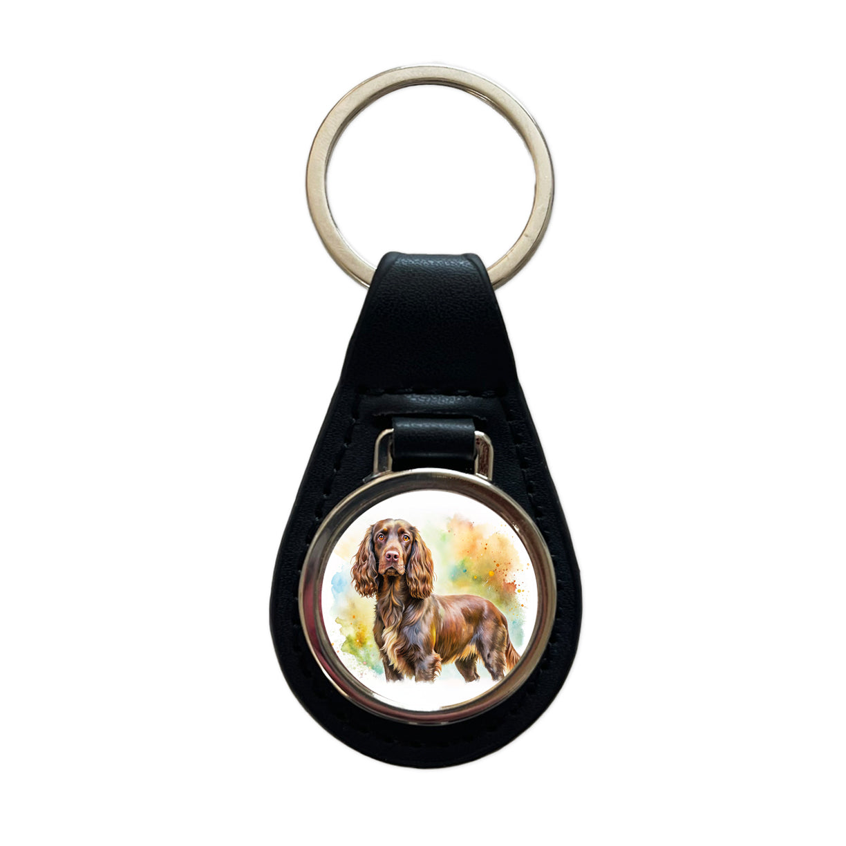 Boykin Spaniel Dog Watercolor Style Black Leather Metal Keychain