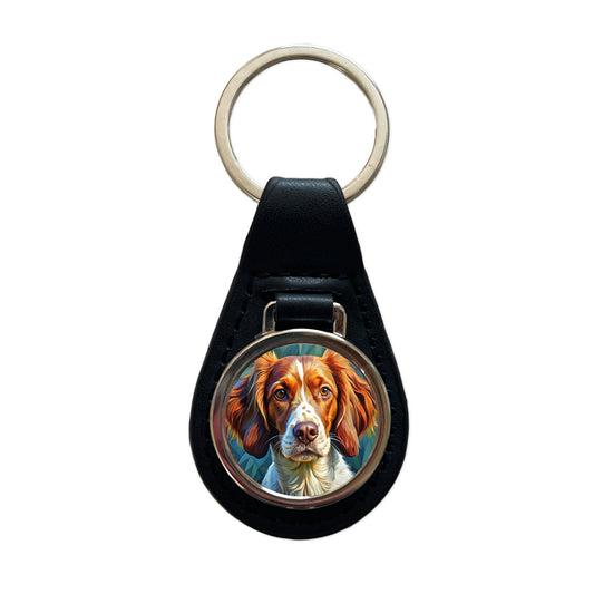 Brittany Spaniel Dog Expressionism Art Black Leather Metal Keychain