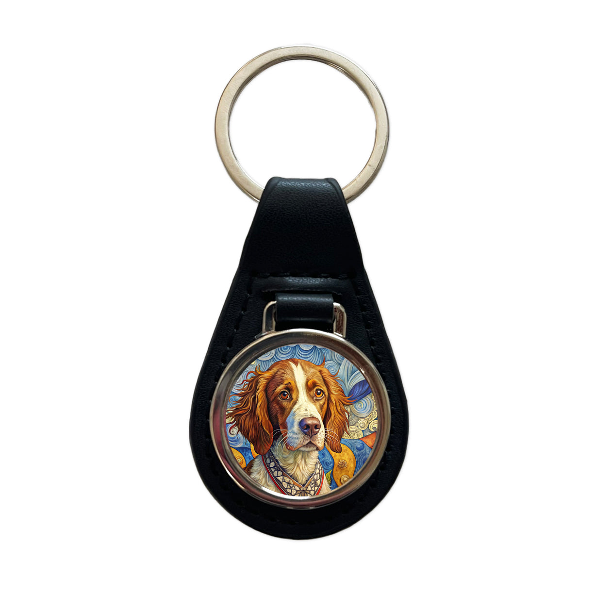 Brittany Spaniel Dog French Bohemian Art Black Leather Metal Keychain