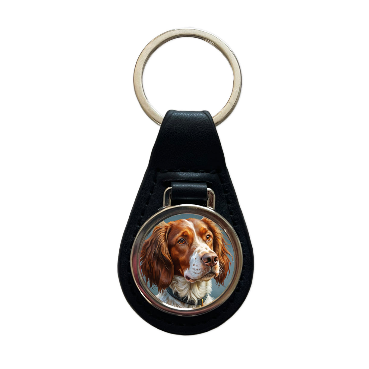Brittany Spaniel Dog Illustration Black Leather Metal Keychain