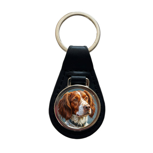 Brittany Spaniel Dog Illustration Black Leather Metal Keychain