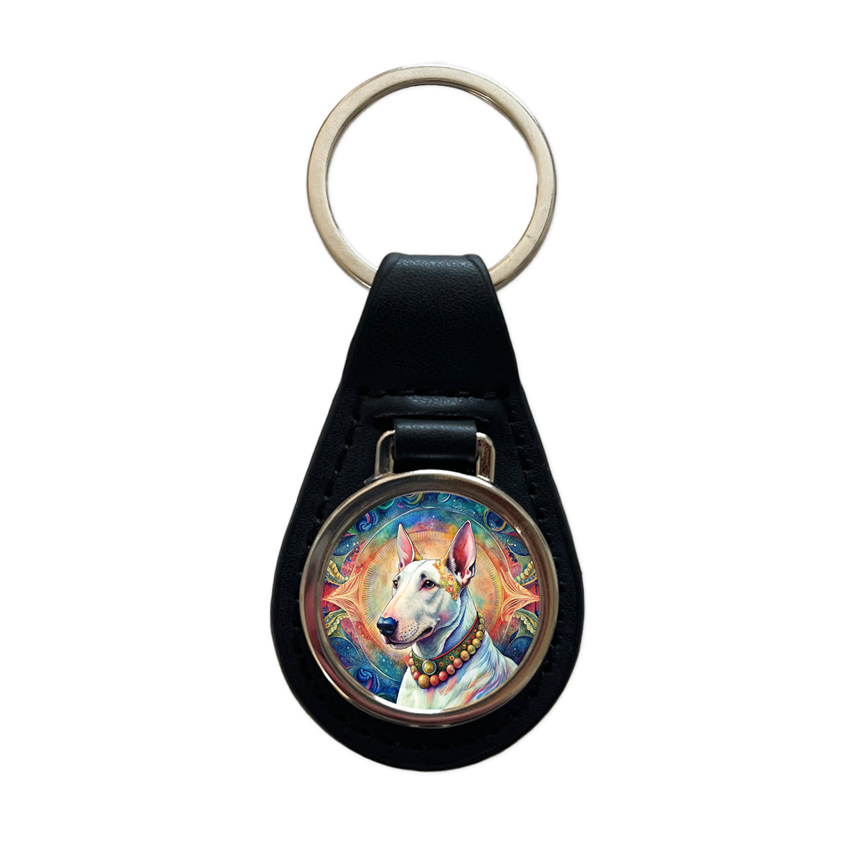 Bull Terrier Dog Bohemian Art Black Leather Metal Keychain