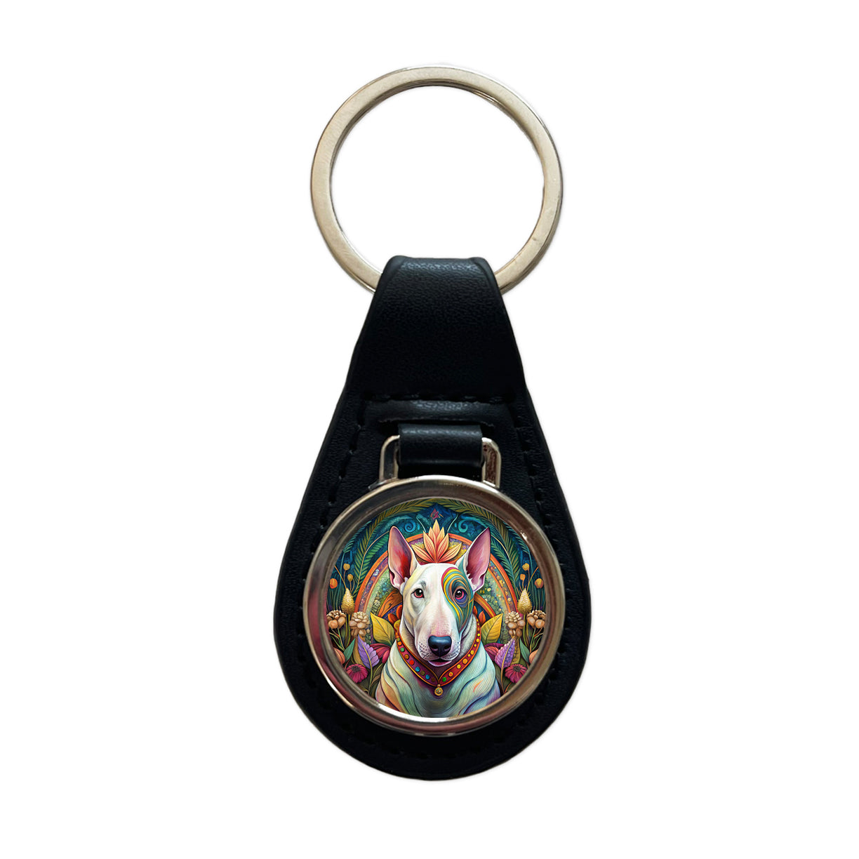 Bull Terrier Dog French Bohemian Art Black Leather Metal Keychain