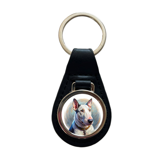 Bull Terrier Dog Illustration Black Leather Metal Keychain