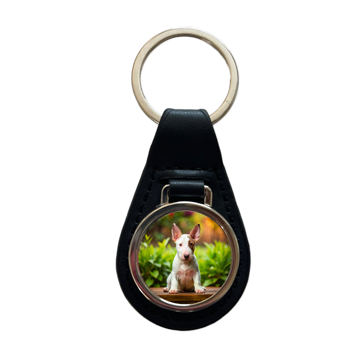Bull Terrier Dog Puppy Photo Black Leather Metal Keychain