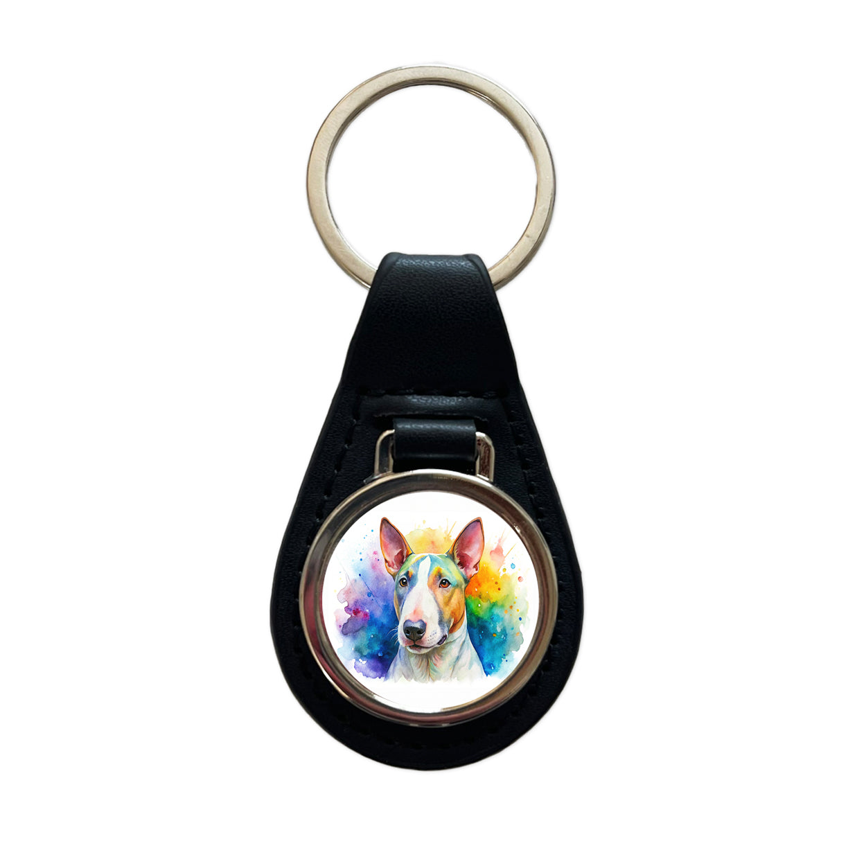 Bull Terrier Dog Watercolor Style Black Leather Metal Keychain