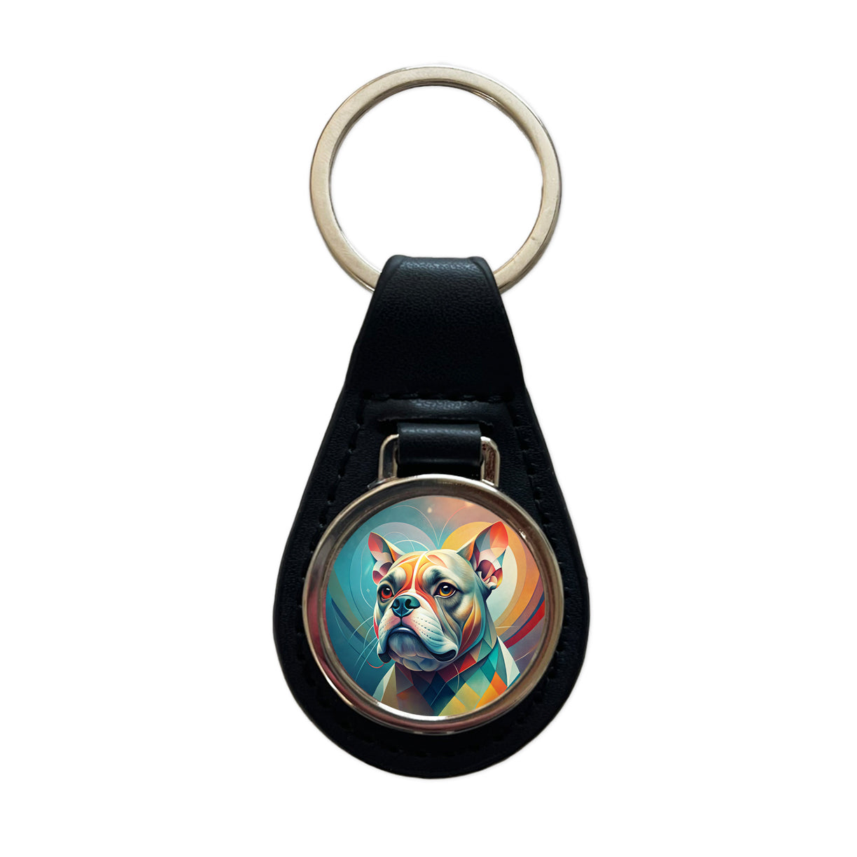 Bulldog Dog Abstract Stylized Art Black Leather Metal Keychain