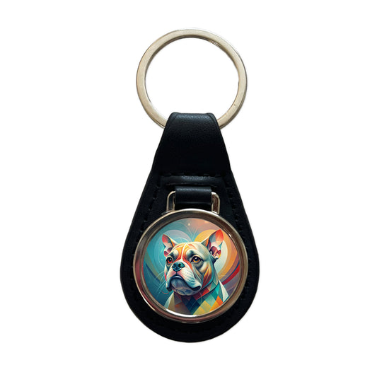 Bulldog Dog Abstract Stylized Art Black Leather Metal Keychain