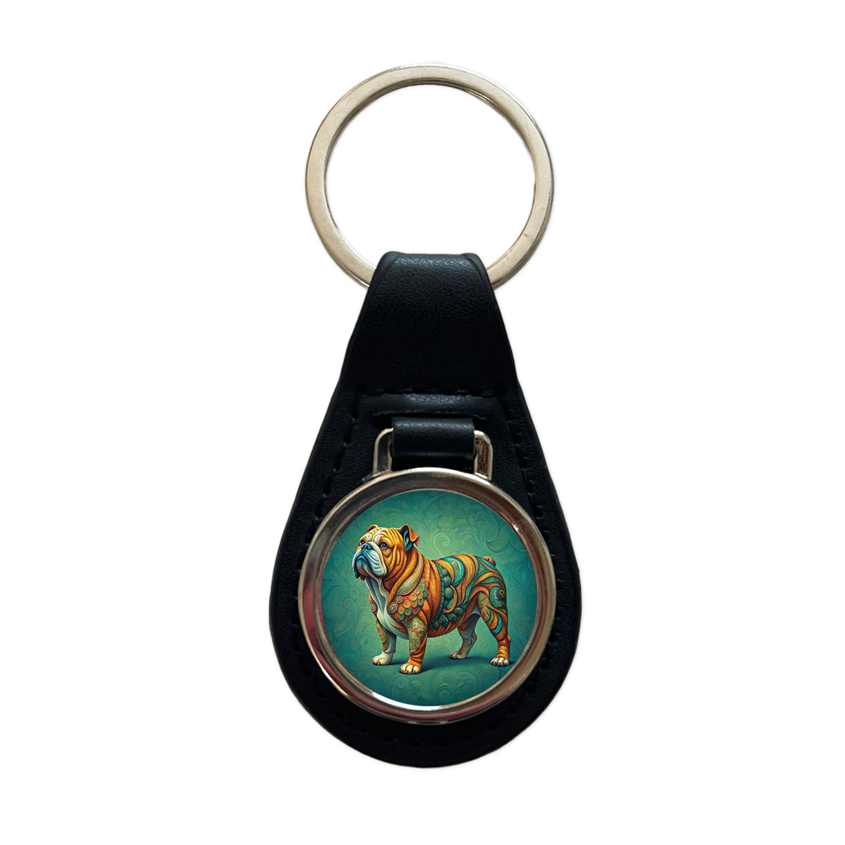 Bulldog Dog Art Nouveau Black Leather Metal Keychain