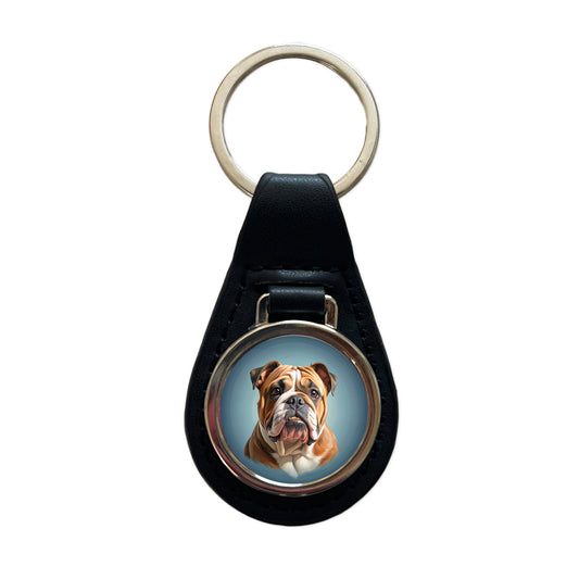 Bulldog Dog Illustration Black Leather Metal Keychain
