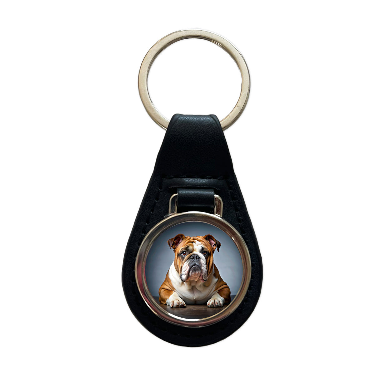 Bulldog Dog Photo Black Leather Metal Keychain