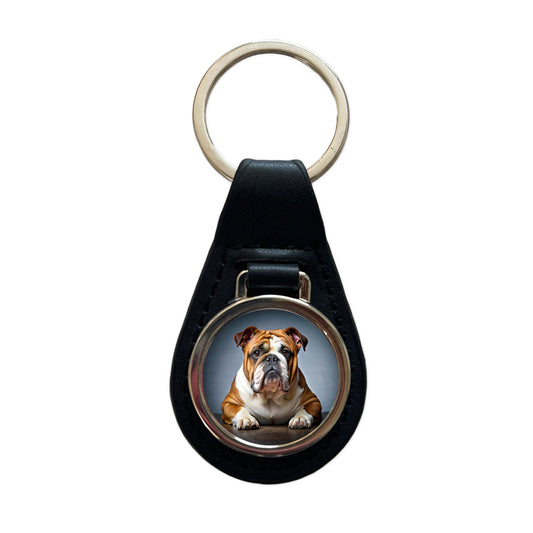 Bulldog Dog Photo Black Leather Metal Keychain