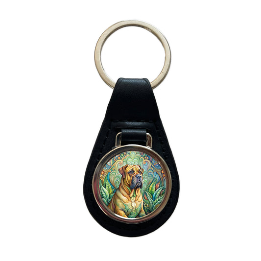 Bullmastiff Dog Art Nouveau Black Leather Metal Keychain