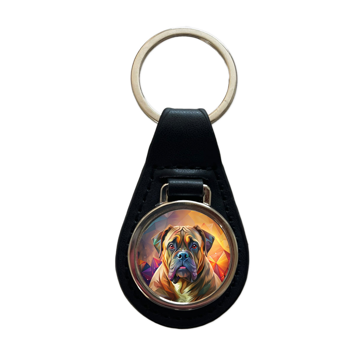 Bullmastiff Dog Contemporary Art Black Leather Metal Keychain