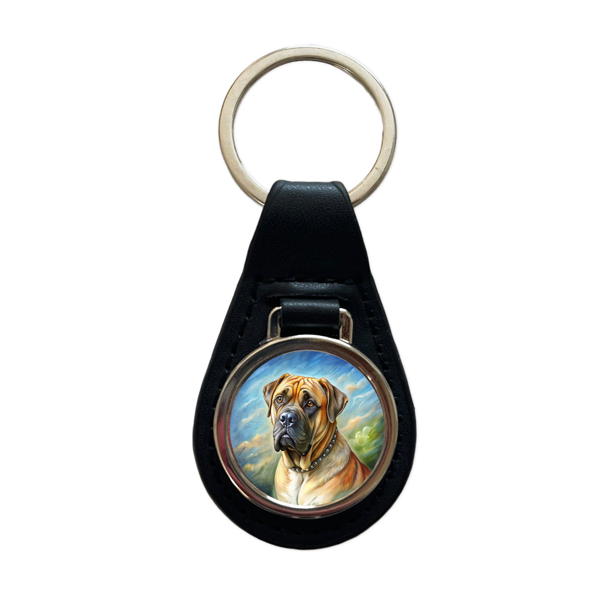 Bullmastiff Dog Illustration Black Leather Metal Keychain