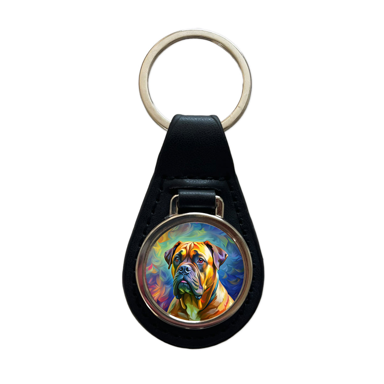 Bullmastiff Dog Pop Art Black Leather Metal Keychain