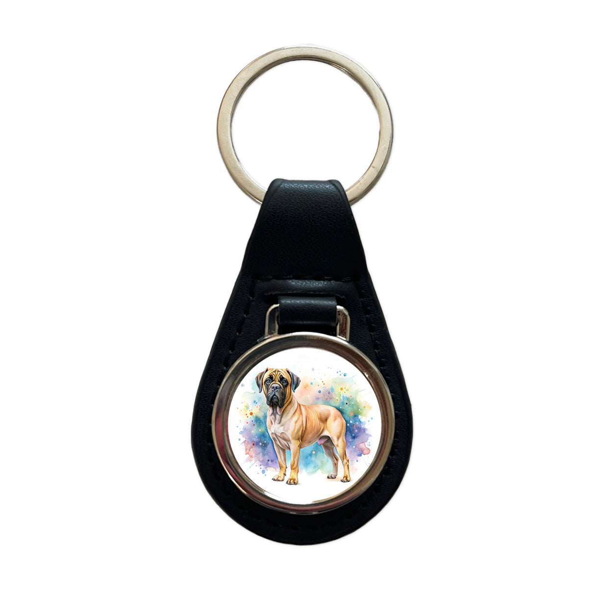 Bullmastiff Dog Watercolor Style Black Leather Metal Keychain