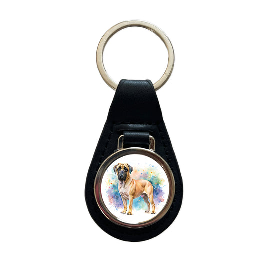 Bullmastiff Dog Watercolor Style Black Leather Metal Keychain
