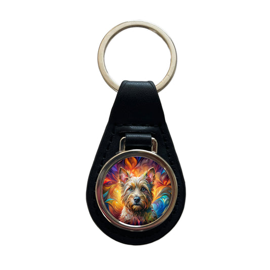 Cairn Terrier Dog Abstract Art Black Leather Metal Keychain