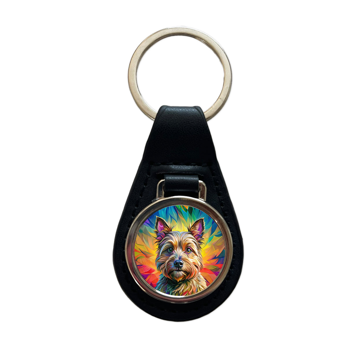 Cairn Terrier Dog Pop Art Black Leather Metal Keychain