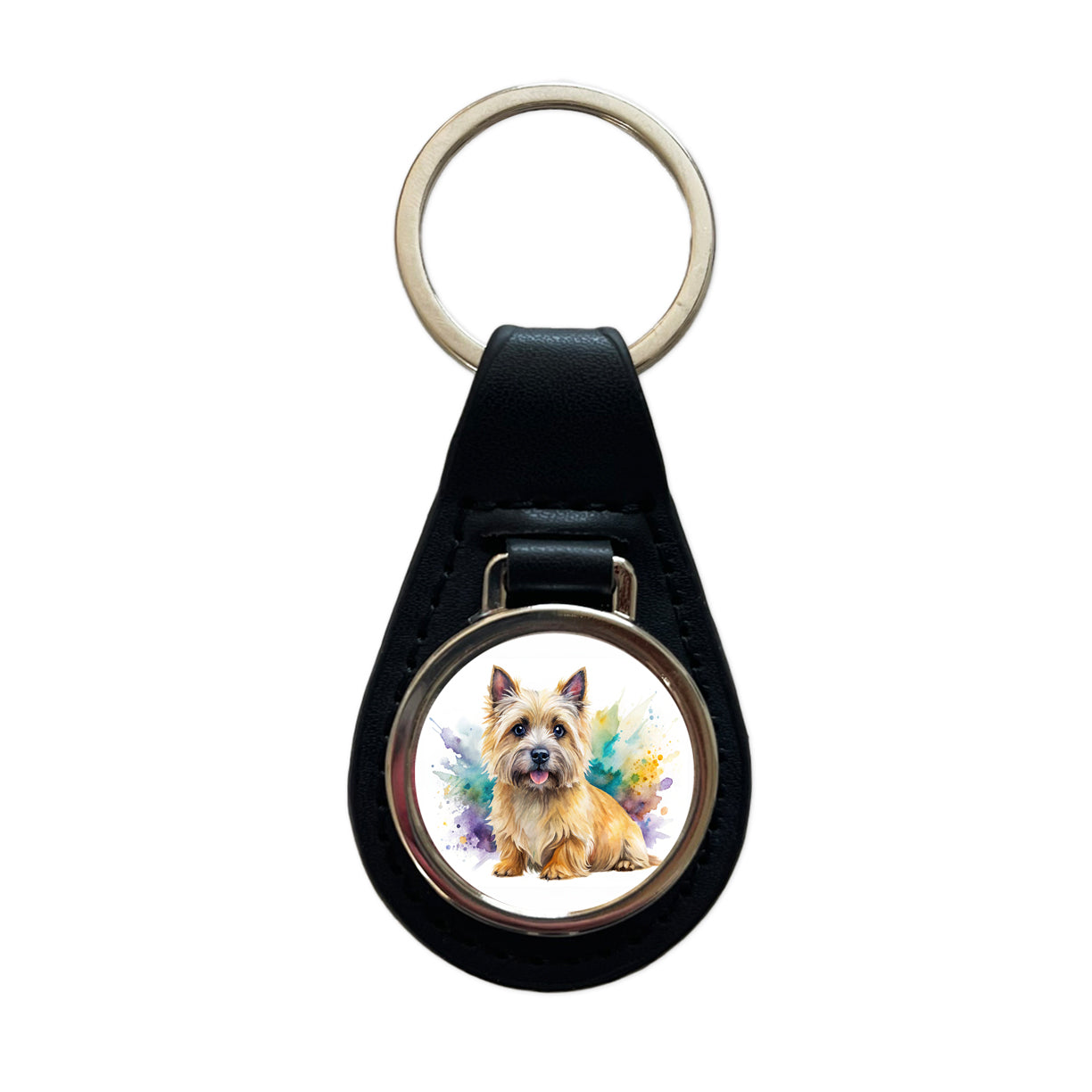Cairn Terrier Dog Watercolor Style Black Leather Metal Keychain
