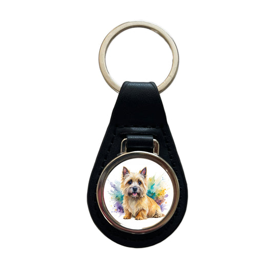 Cairn Terrier Dog Watercolor Style Black Leather Metal Keychain