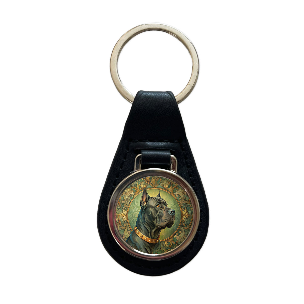 Cane Corso Dog Art Nouveau Black Leather Metal Keychain