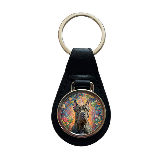Cane Corso Dog French Bohemian Art Black Leather Metal Keychain