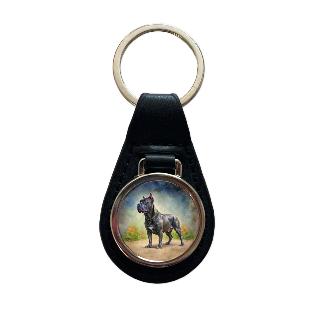 Cane Corso Dog Illustration Black Leather Metal Keychain