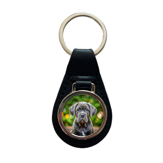 Cane Corso Dog Puppy Photo Black Leather Metal Keychain