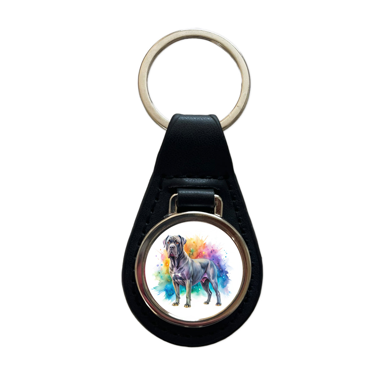 Cane Corso Dog Watercolor Style Black Leather Metal Keychain