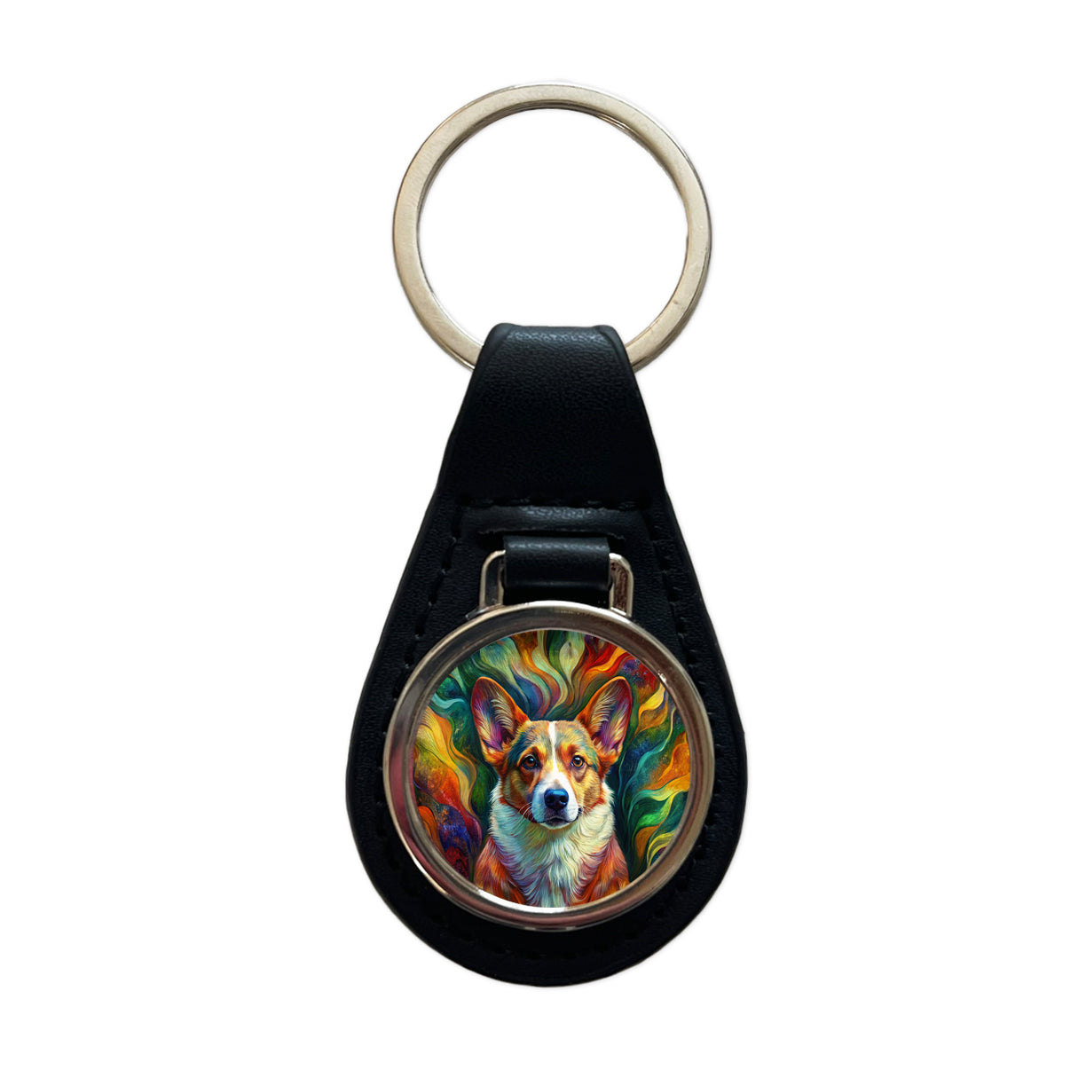 Cardigan Welsh Corgi Dog Abstract Art Black Leather Metal Keychain