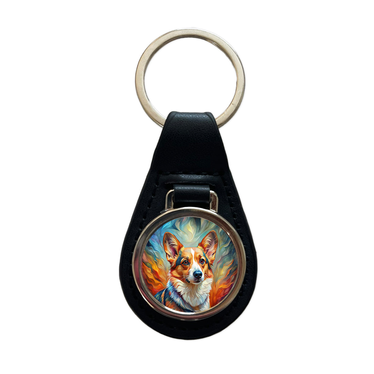 Cardigan Welsh Corgi Dog Expressionism Art Black Leather Metal Keychain