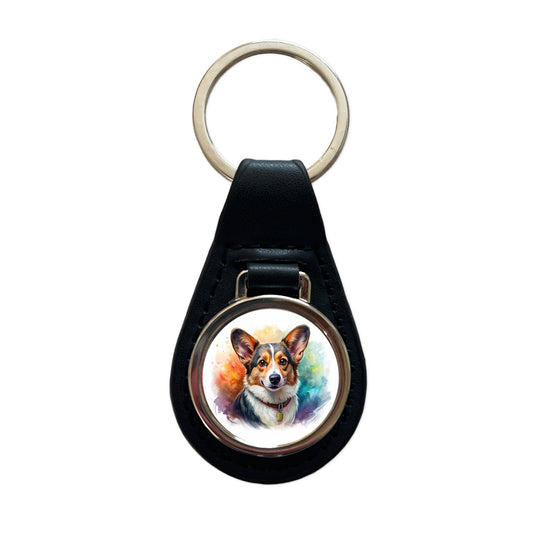 Cardigan Welsh Corgi Dog Illustration Black Leather Metal Keychain