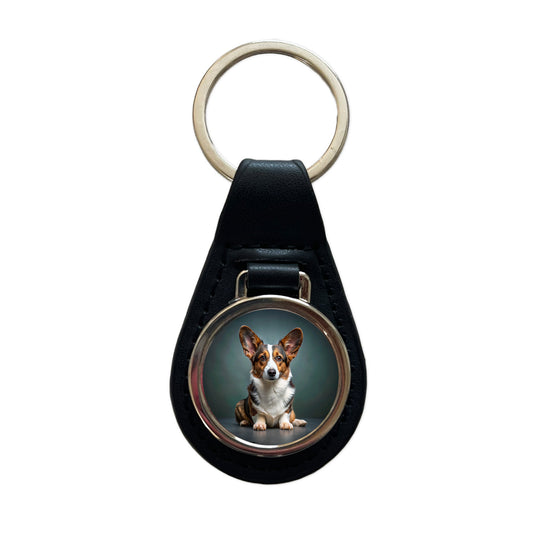 Cardigan Welsh Corgi Dog Photo Black Leather Metal Keychain