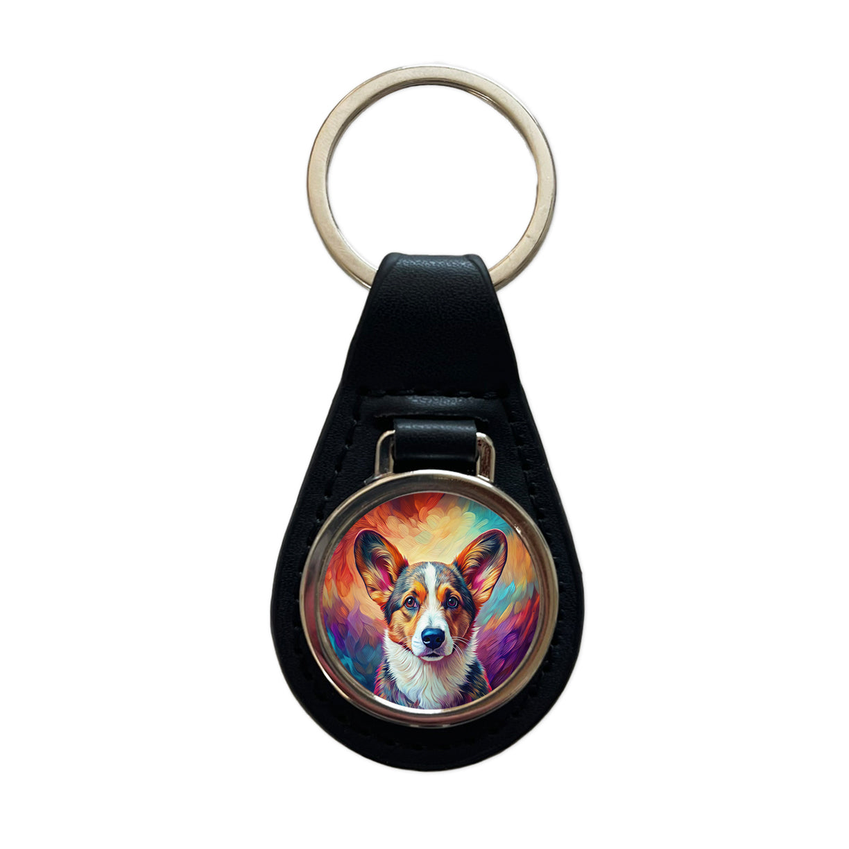 Cardigan Welsh Corgi Dog Pop Art Black Leather Metal Keychain