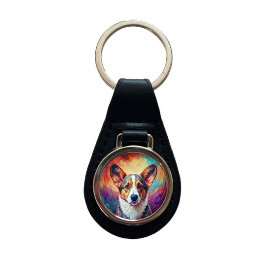 Cardigan Welsh Corgi Dog Pop Art Black Leather Metal Keychain