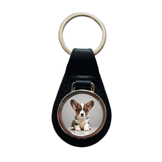 Cardigan Welsh Corgi Dog Puppy Photo Black Leather Metal Keychain