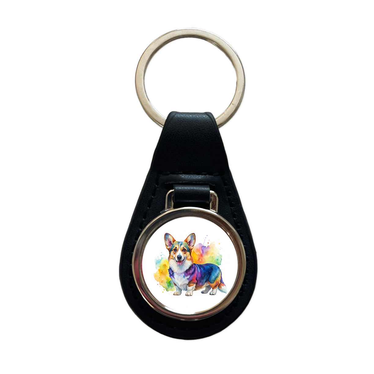 Cardigan Welsh Corgi Dog Watercolor Style Black Leather Metal Keychain