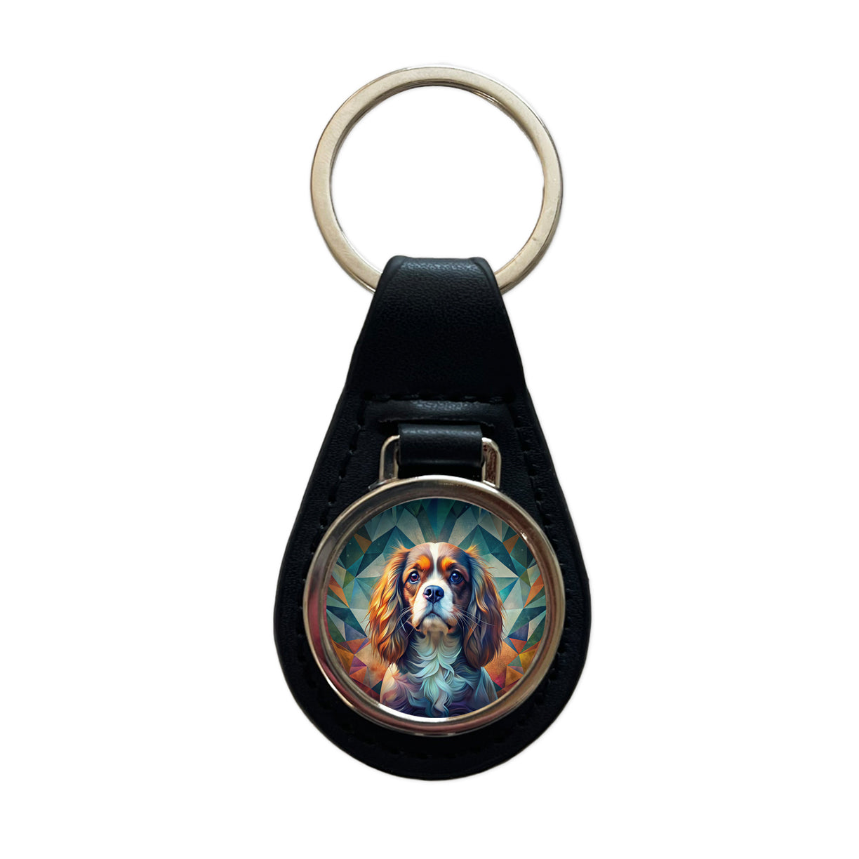 Cavalier King Charles Spaniel Abstract Stylized Art Black Leather Metal Keychain