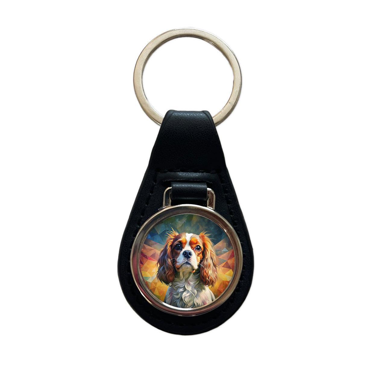 Cavalier King Charles Spaniel Dog Abstract Art Black Leather Metal Keychain
