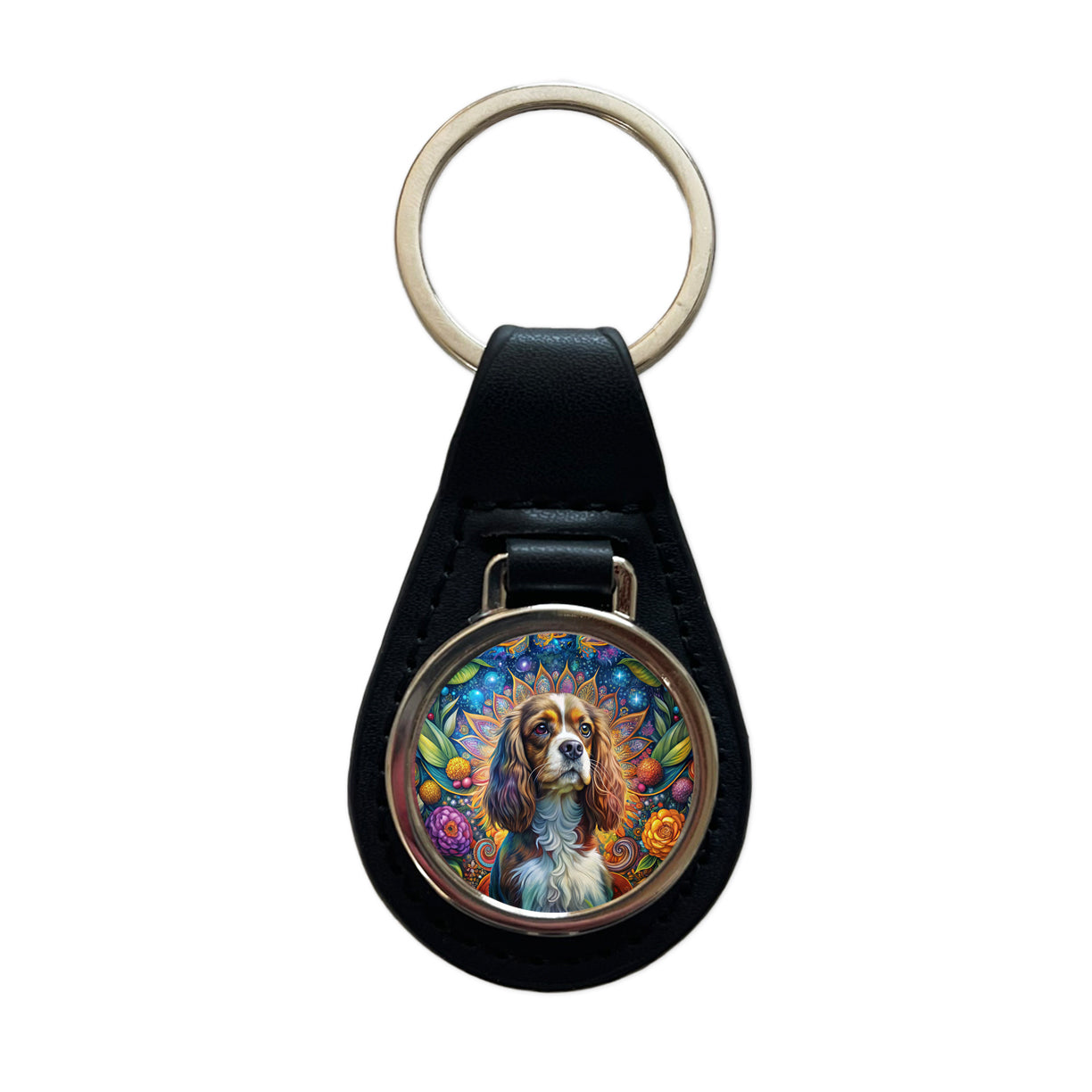 Cavalier King Charles Spaniel Dog Bohemian Art Black Leather Metal Keychain