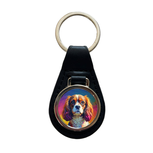 Cavalier King Charles Spaniel Dog Pop Art Black Leather Metal Keychain