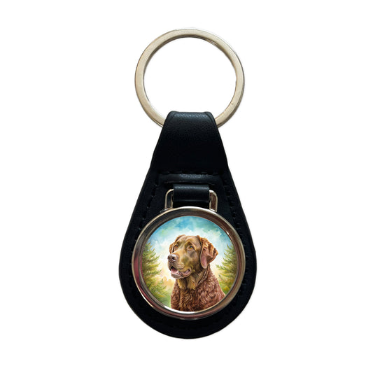 Chesapeake Bay Retriever Dog Illustration Black Leather Metal Keychain