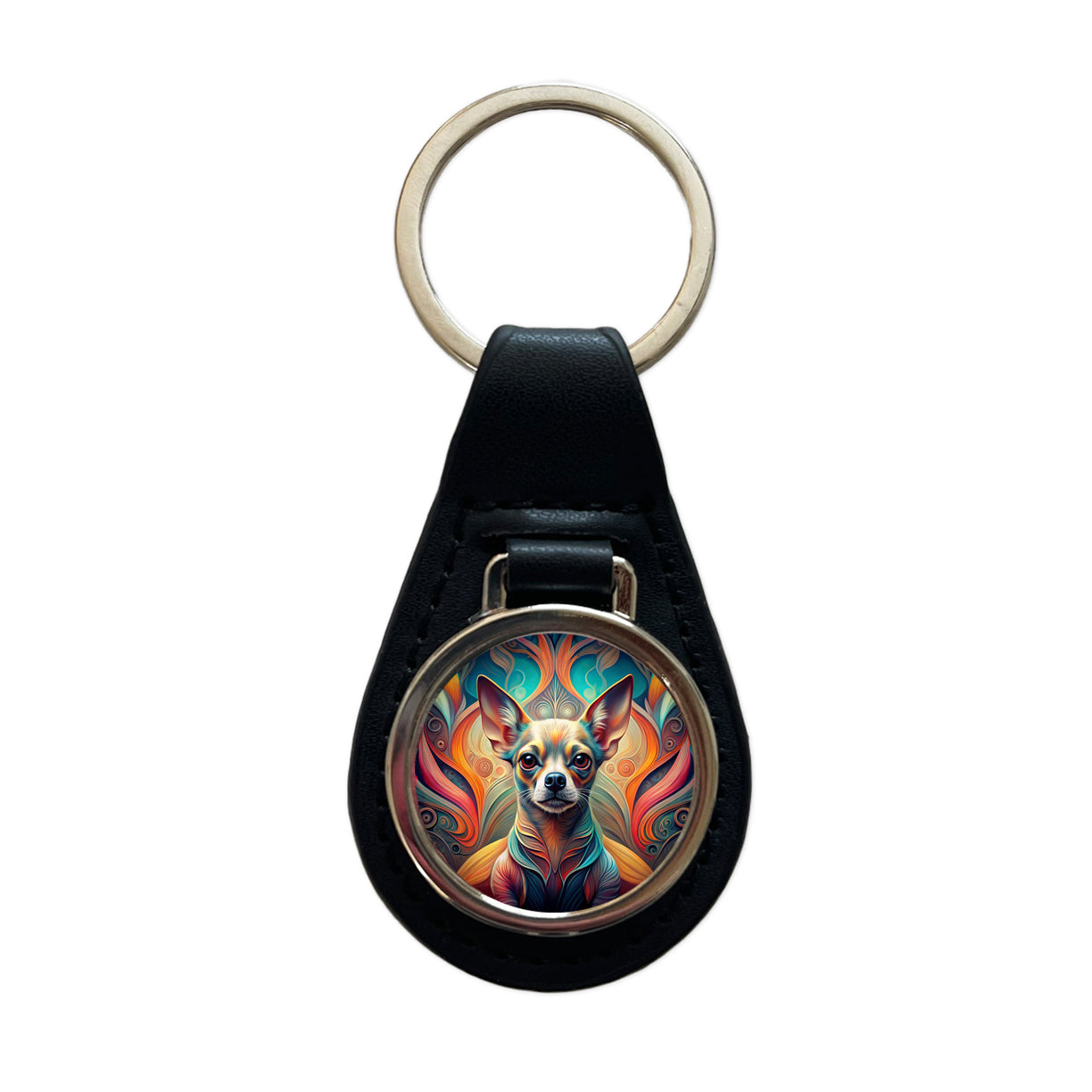 Chihuahua Dog Abstract Stylized Art Black Leather Metal Keychain