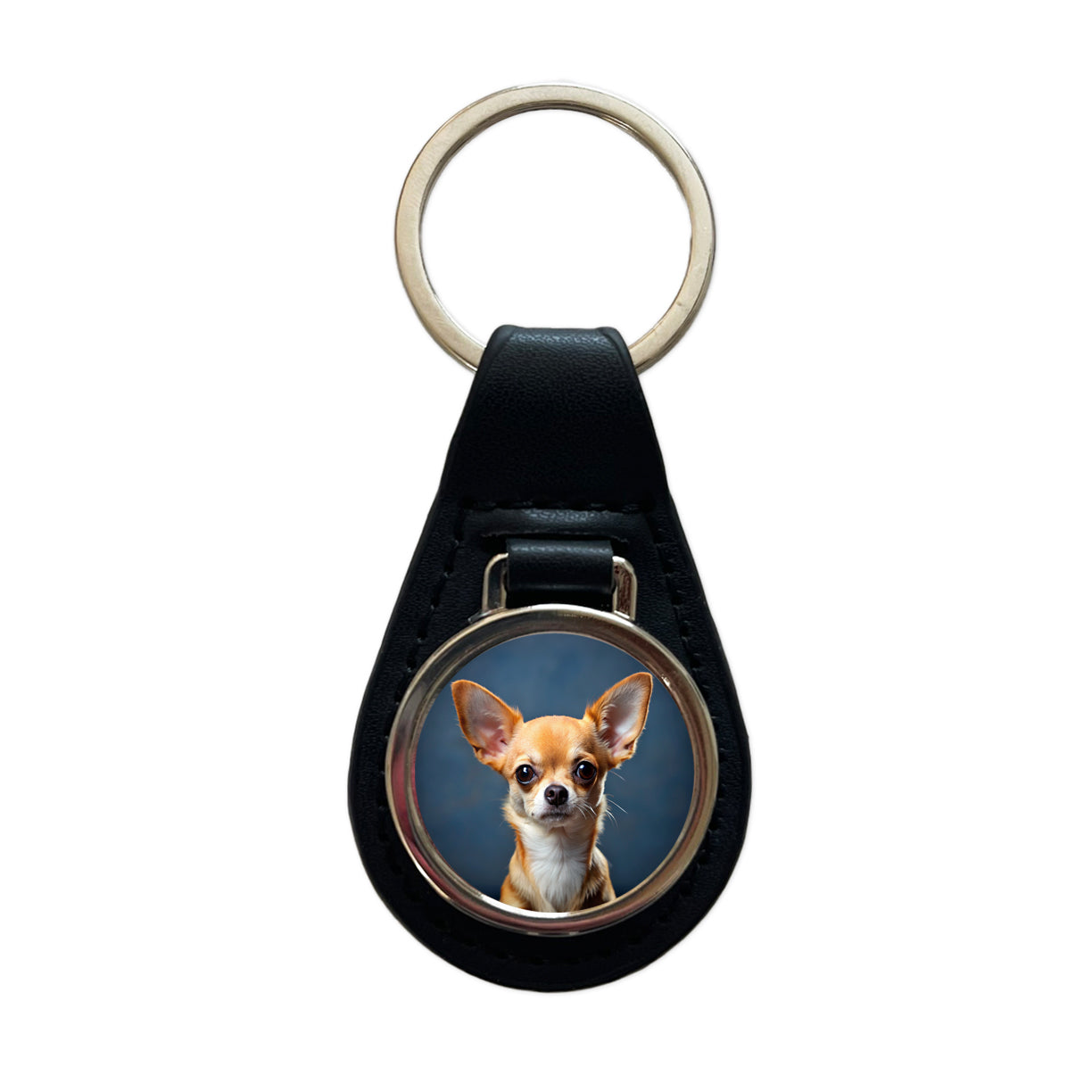 Chihuahua Dog Photo Black Leather Metal Keychain