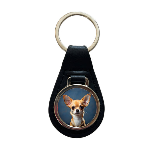Chihuahua Dog Photo Black Leather Metal Keychain
